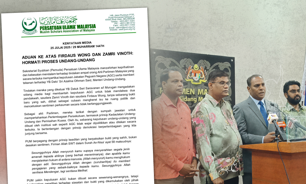 Persatuan Ulama Malaysia tegur empat ahli parlimen politikkan isu pendakwaan Firdaus Wong dan Zamri Vinoth